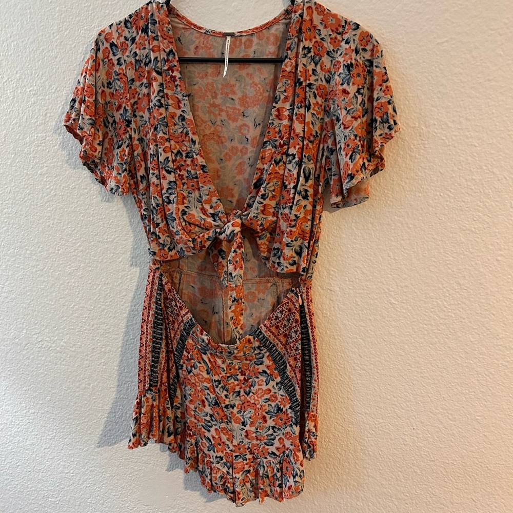 Free People Orange Floral Tie-Front Mini Dress